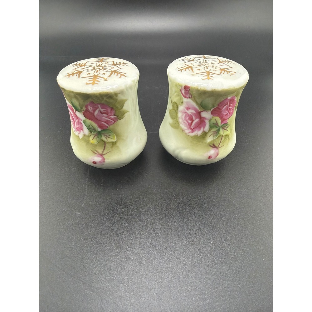 Vintage Lefton Japan Rose Chintz 665R Salt Pepper Shakers Pink Roses Gold
